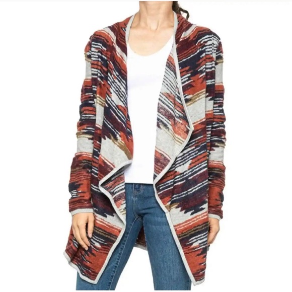 Lucky Brand Sweaters - Lucky Brand Aztec Open Drape Waterfall Cardigan Orange Blue Womens Size Medium M